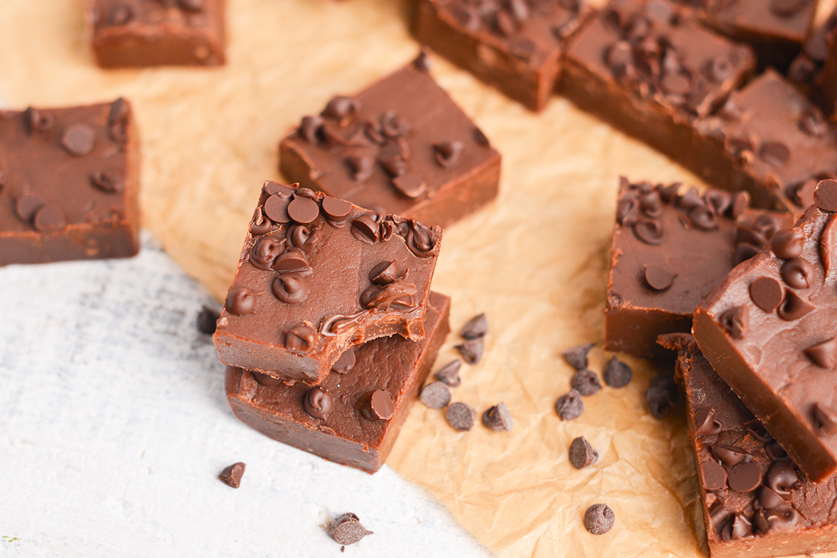 square of fudge with a bite taken out