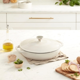 angled shot of white lodge cast iron skillet