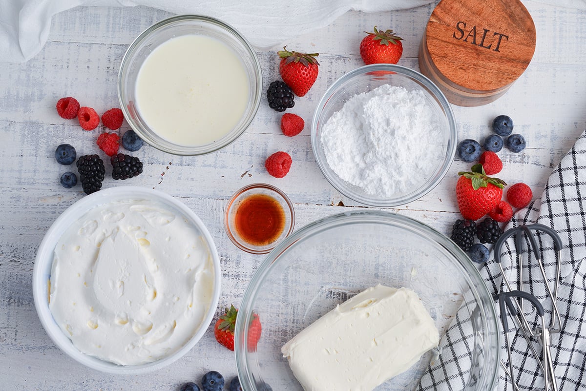 overhead shot of berry cheesecake salad ingredients