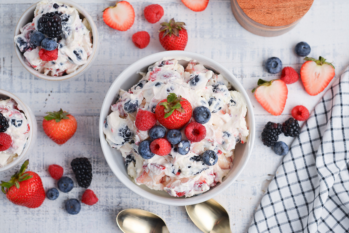 overhead shot of berry cheesecake salad in bowl