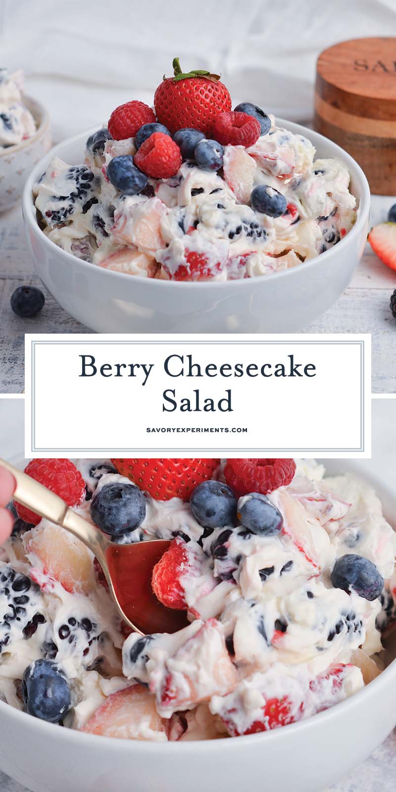 collage of berry cheesecake salad for pinterest