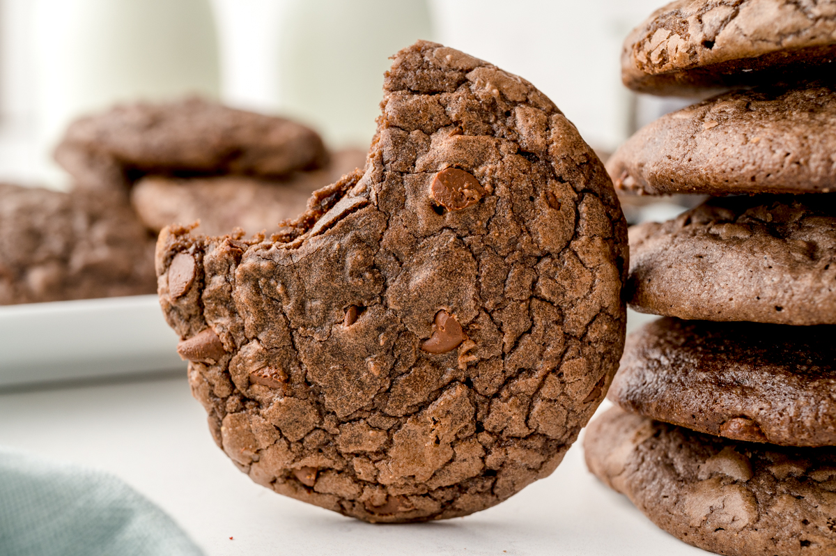 upright chocolate cookie with a bite taken out