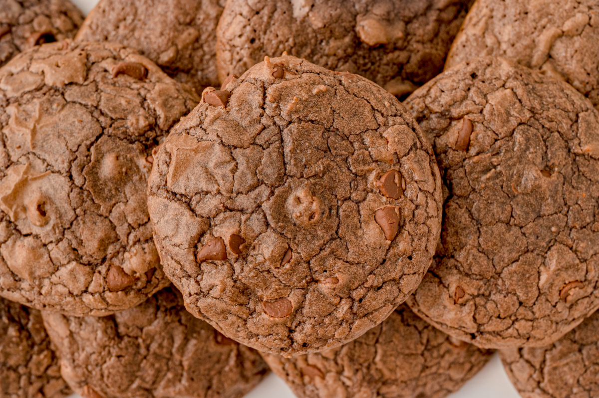 super close up of crinkled chocolate cookie with chocolate chips