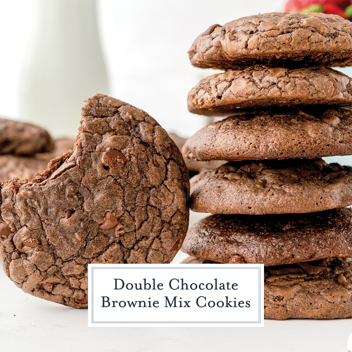 chocolate brownie mix cookies with text overlay