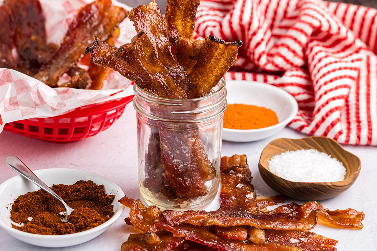 straight on shot of jar of candied bacon