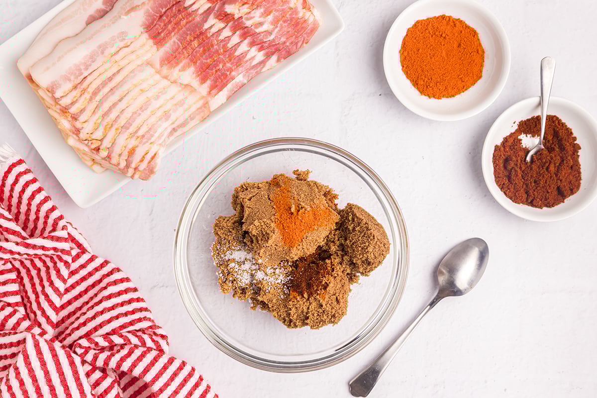 overhead shot of brown sugar, salt and spices in bowl
