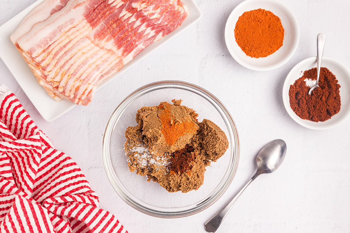 overhead shot of brown sugar, salt and spices in bowl