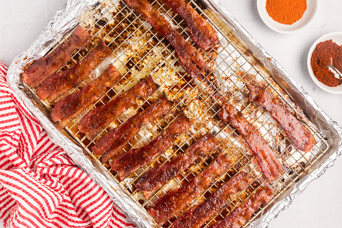 overhead shot of candied bacon on sheet pan