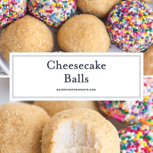 collage of cheesecake balls with graham crackers and sprinkles