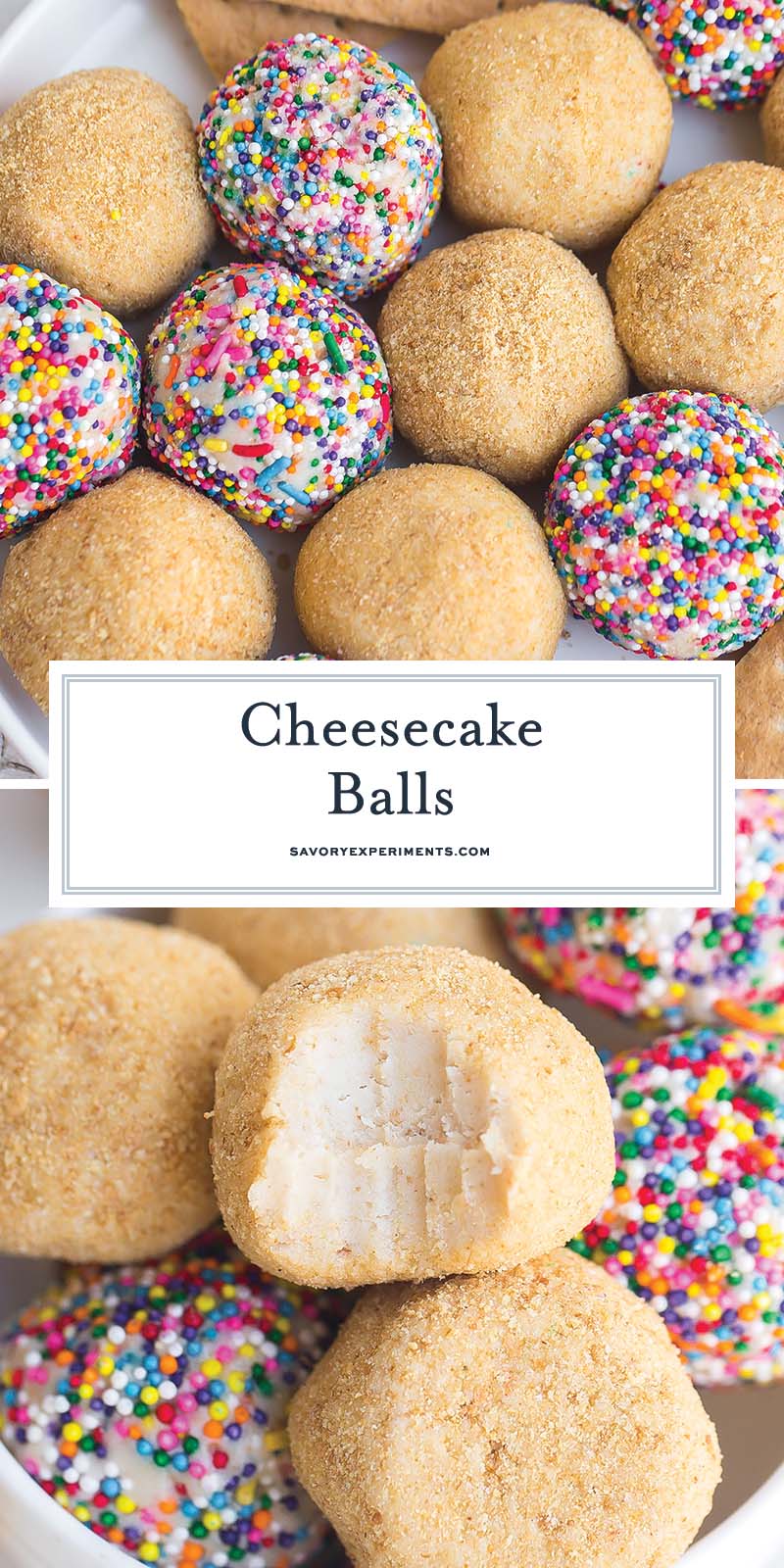 collage of cheesecake balls with graham crackers and sprinkles