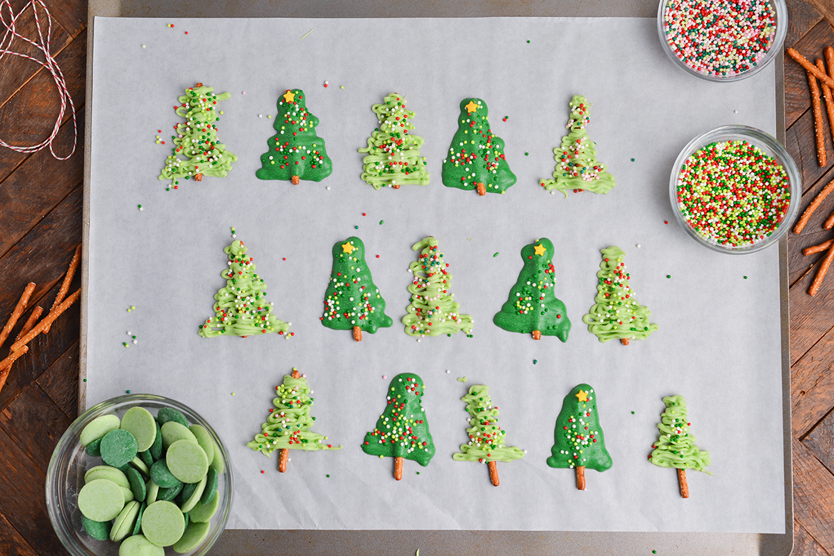 decorated chocolate christmas trees with sprinkles