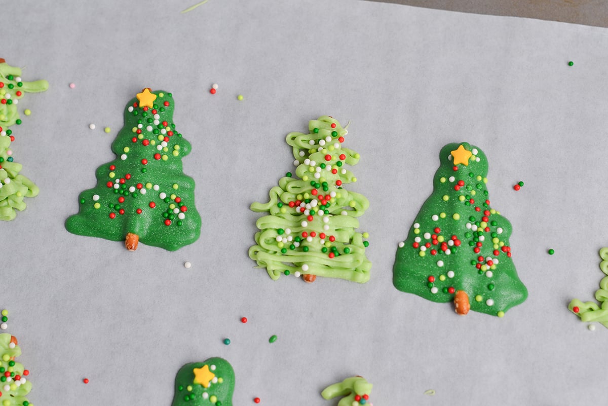 close up of light and dark green christmas trees made out of chocolate