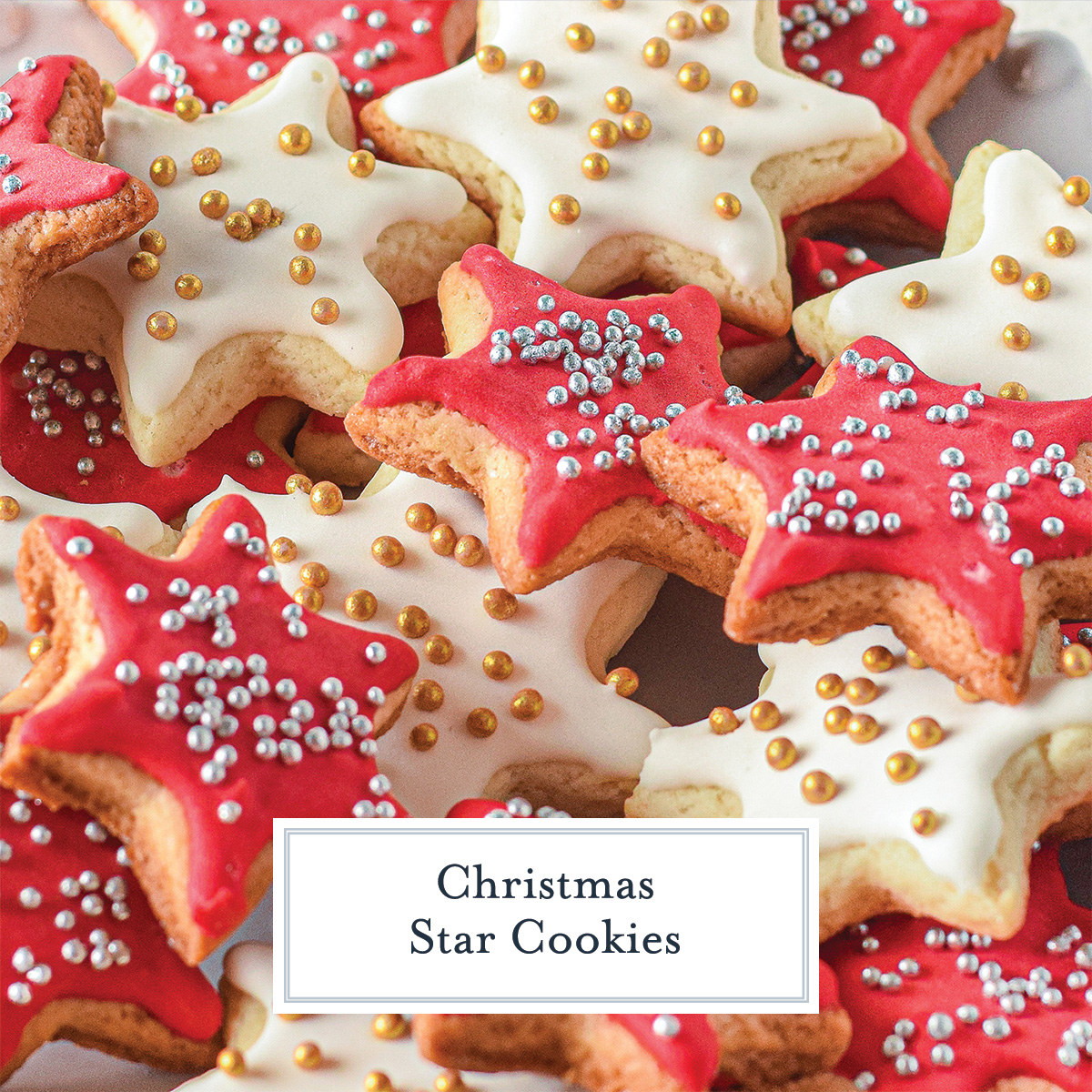 close up of star sugar cookie cut outs with red and white frosting and sprinkles