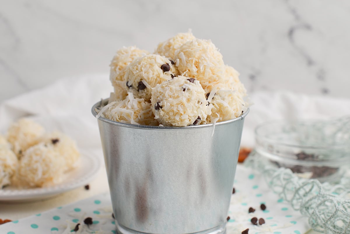 head-on no bake coconut balls in a bucket