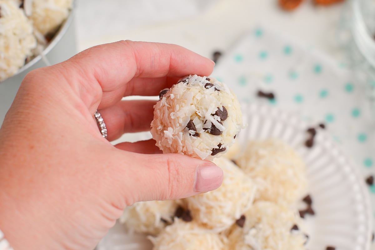 hand holding a coconut ball with chocolate chips