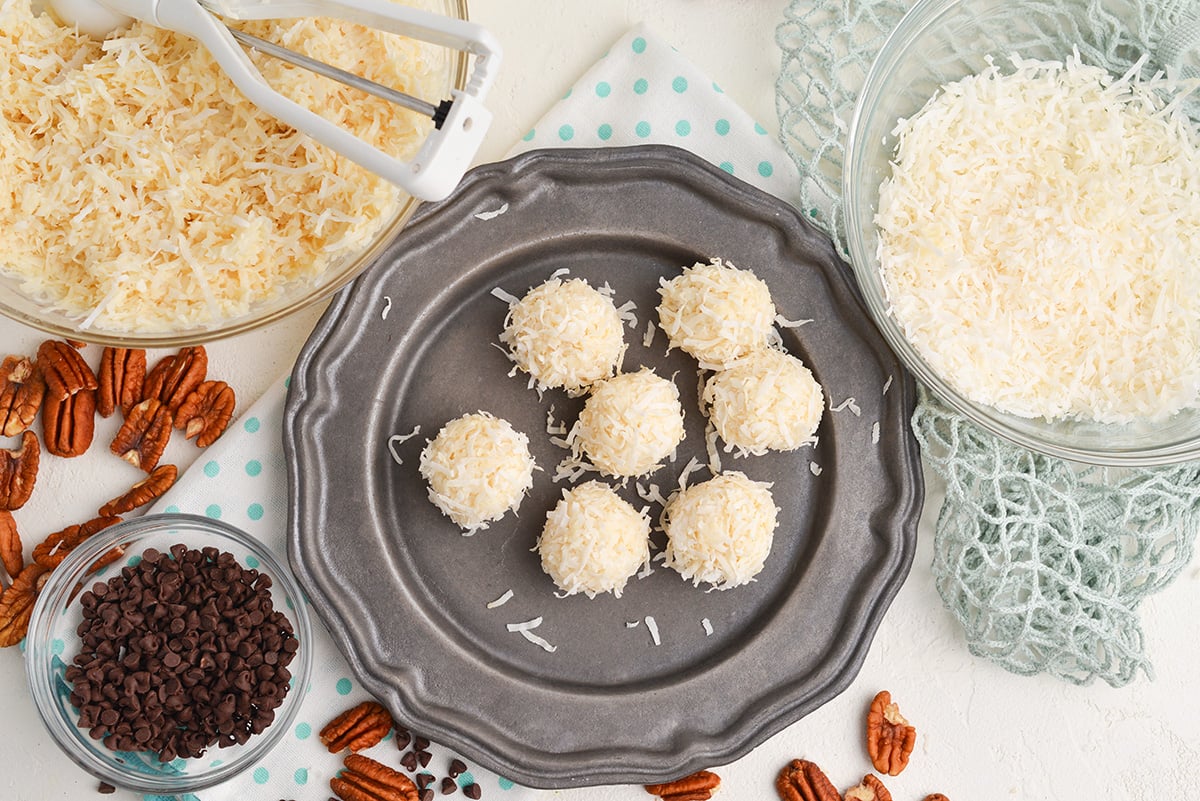coconut balls in a metal plate