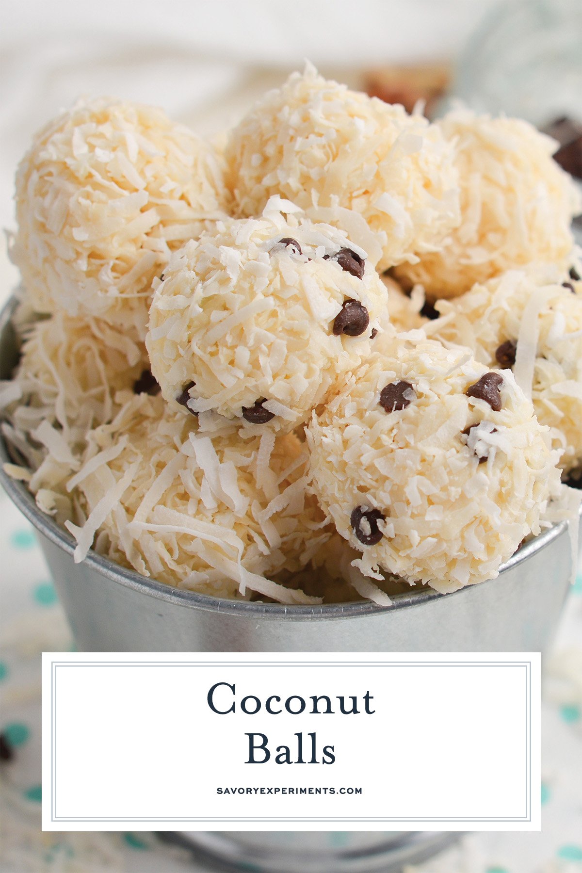 close up of no bake coconut balls with text overlay
