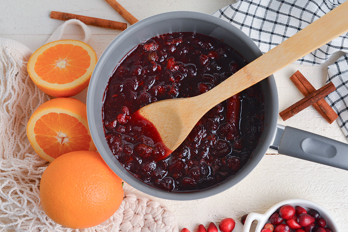 spiced cranberry glaze in a saucepan