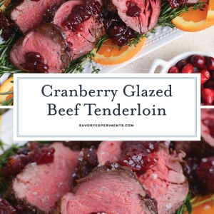 collage of beef tenderloin recipe with cranberry glaze
