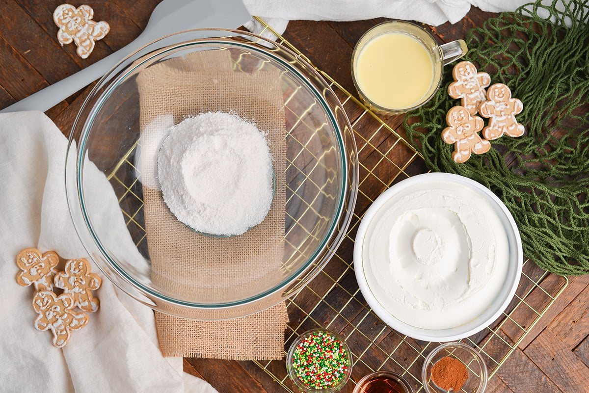 overhead shot of eggnog dip ingredients