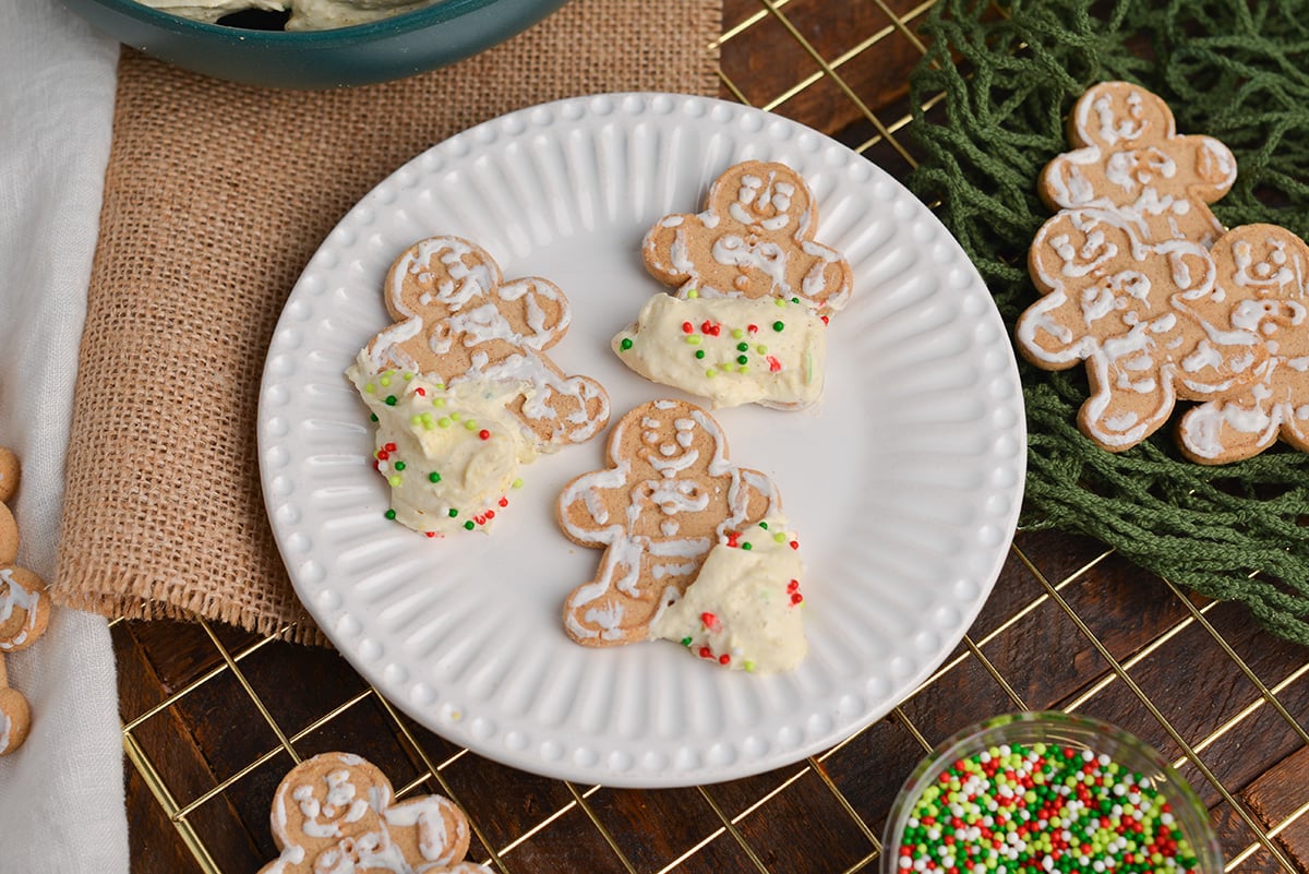 cookies on plate dipped in eggnog dip