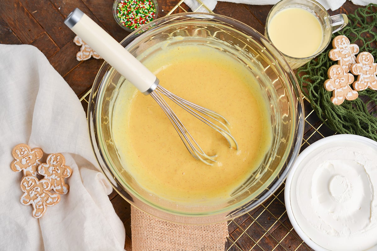 eggnog and pudding mix in bowl