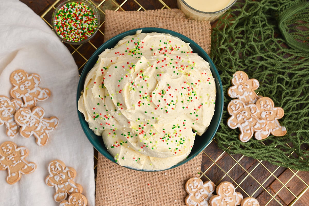 overhead shot of eggnog dip in bowl