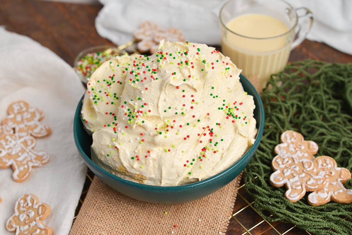 angled shot of eggnog dip in bowl