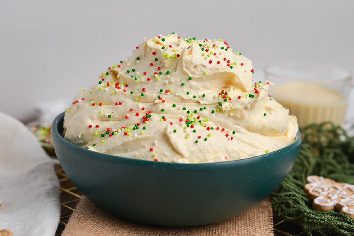 straight on shot of bowl of eggnog dip