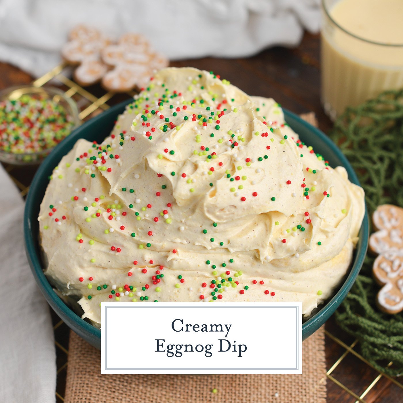 angled shot of bowl of eggnog dip with text overlay for facebook