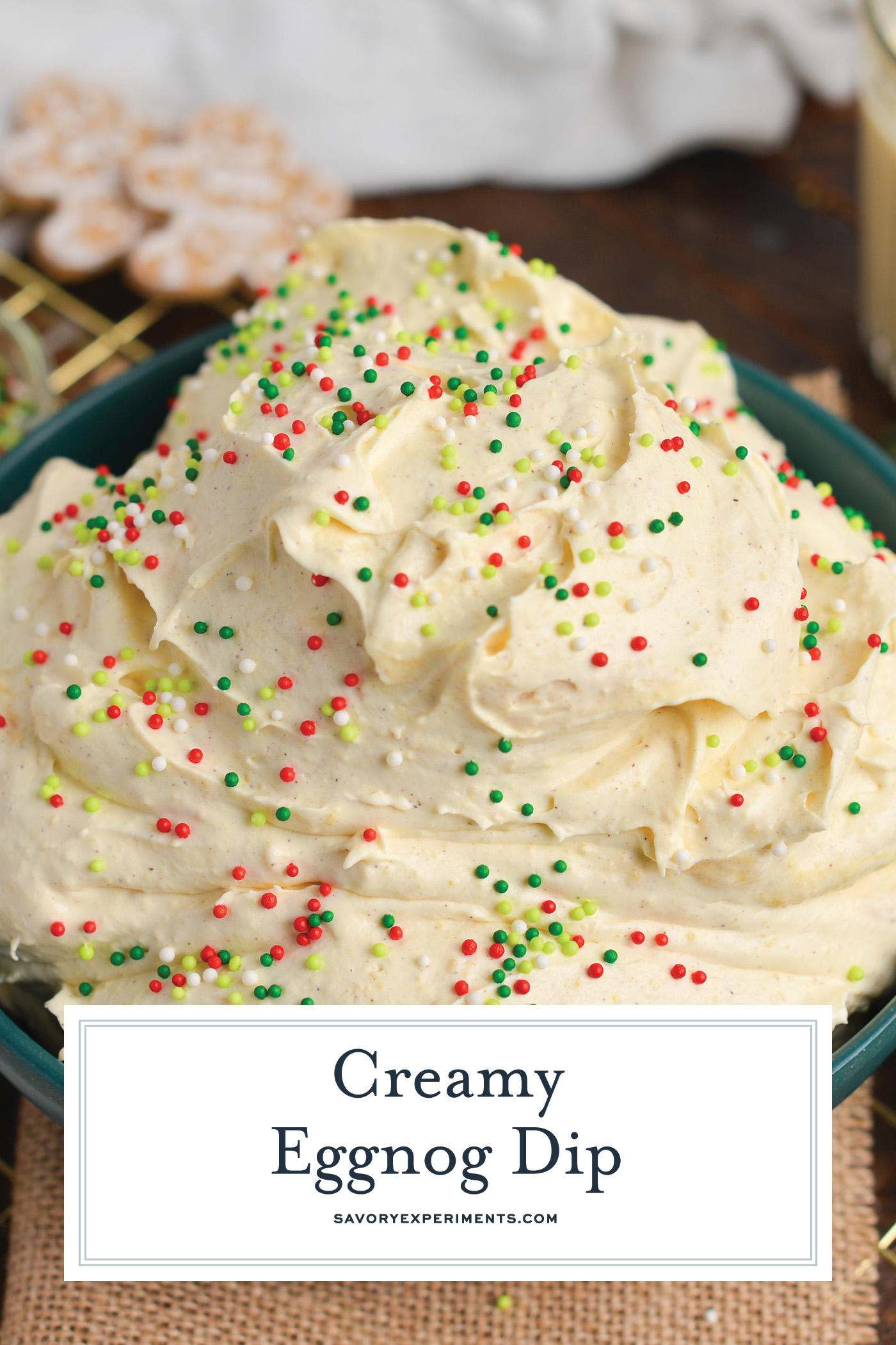 close up shot of bowl of eggnog dip with text overlay for pinterest