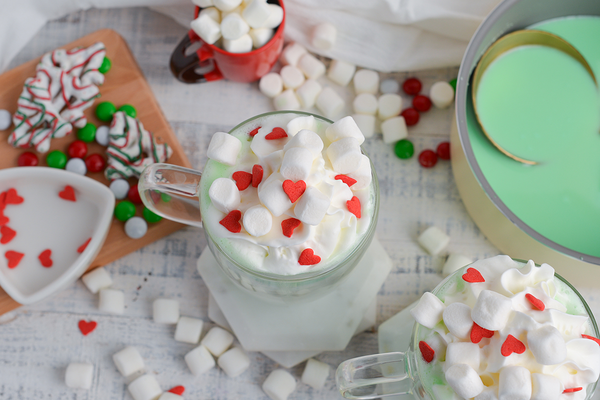 overhead of grinch hot chocolate with toppings