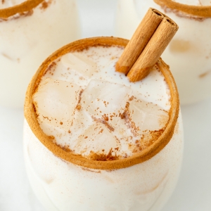 angled shot of cinnamon stick in glass of horchata