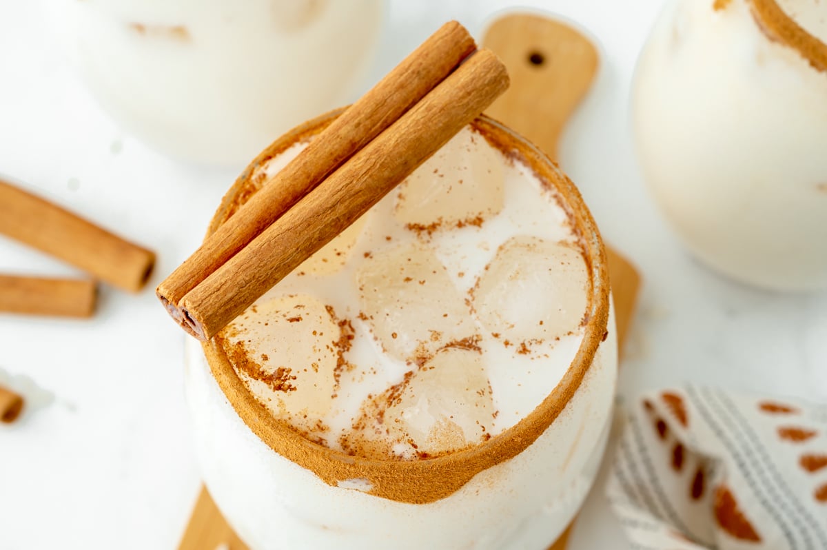 close up angled shot of glass of horchata