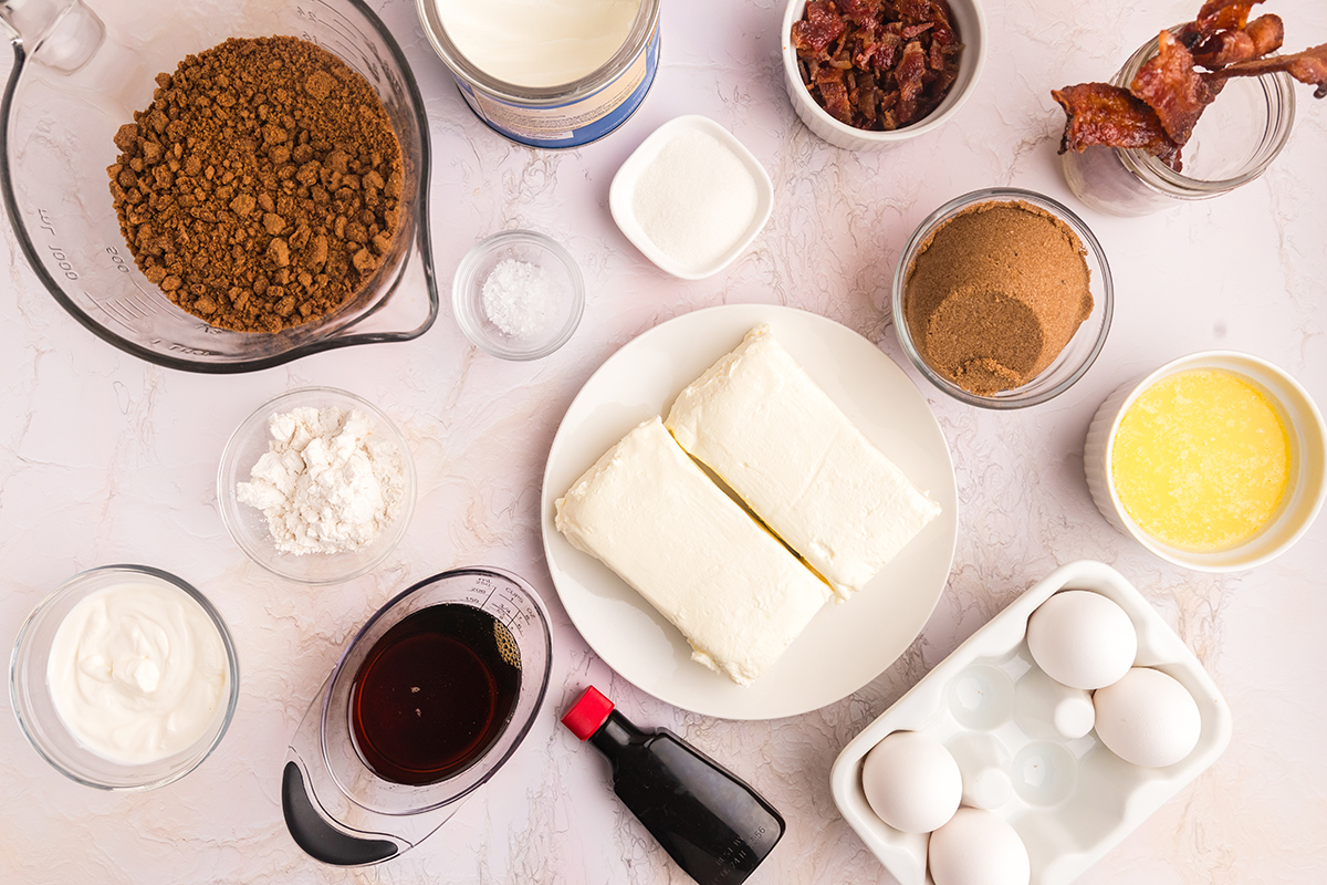 overhead shot of maple cheesecake ingredients