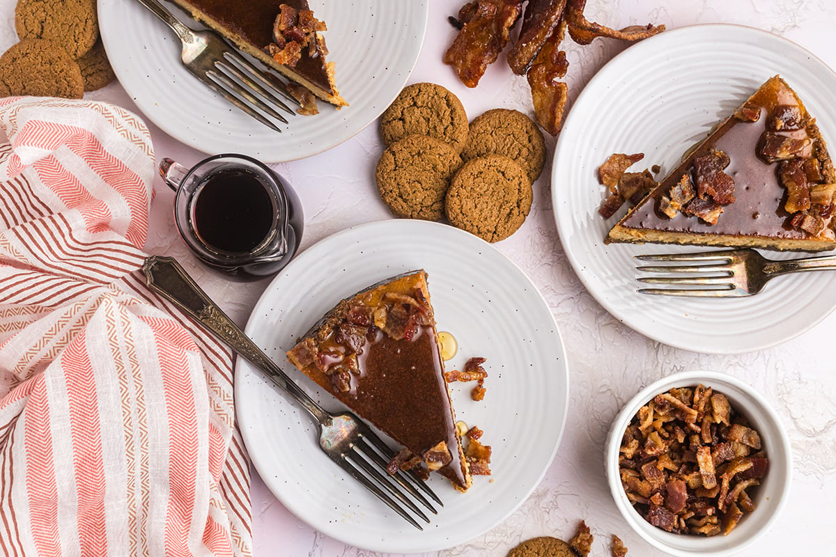 overhead shot of slices of maple cheesecake on plates