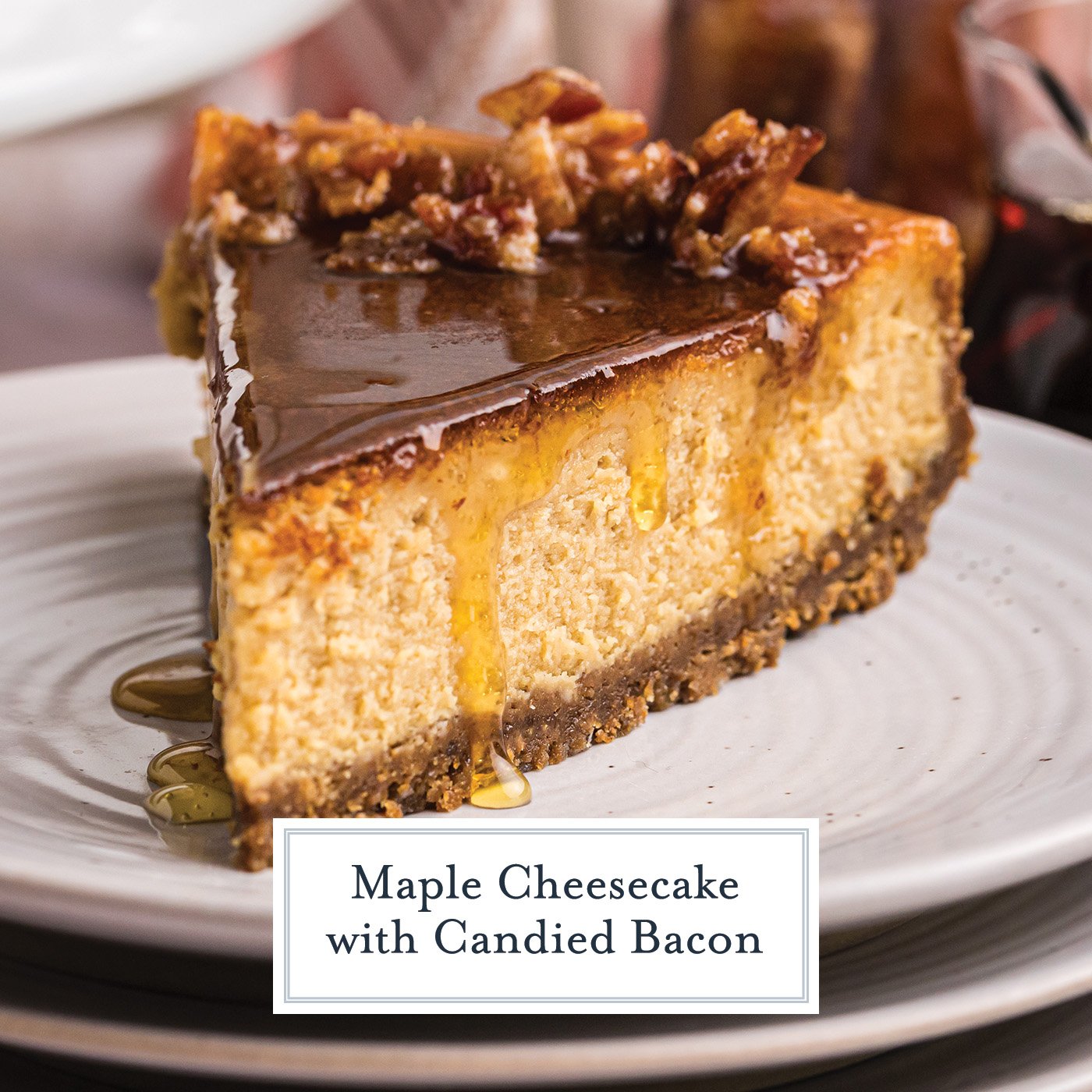 slice of maple cheesecake on plate with text overlay for facebook