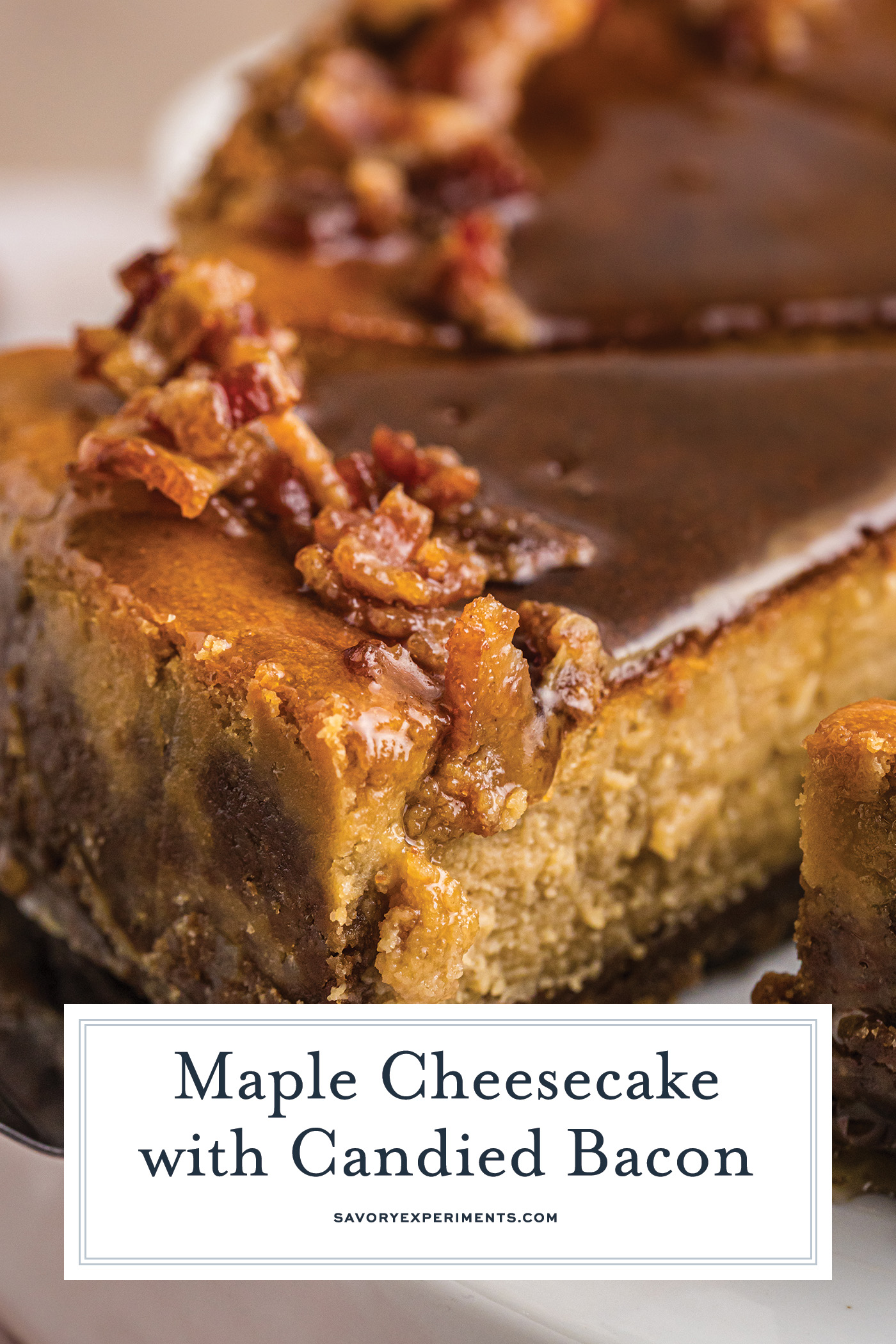 close up of slice of maple cheesecake with text overlay for pinterest