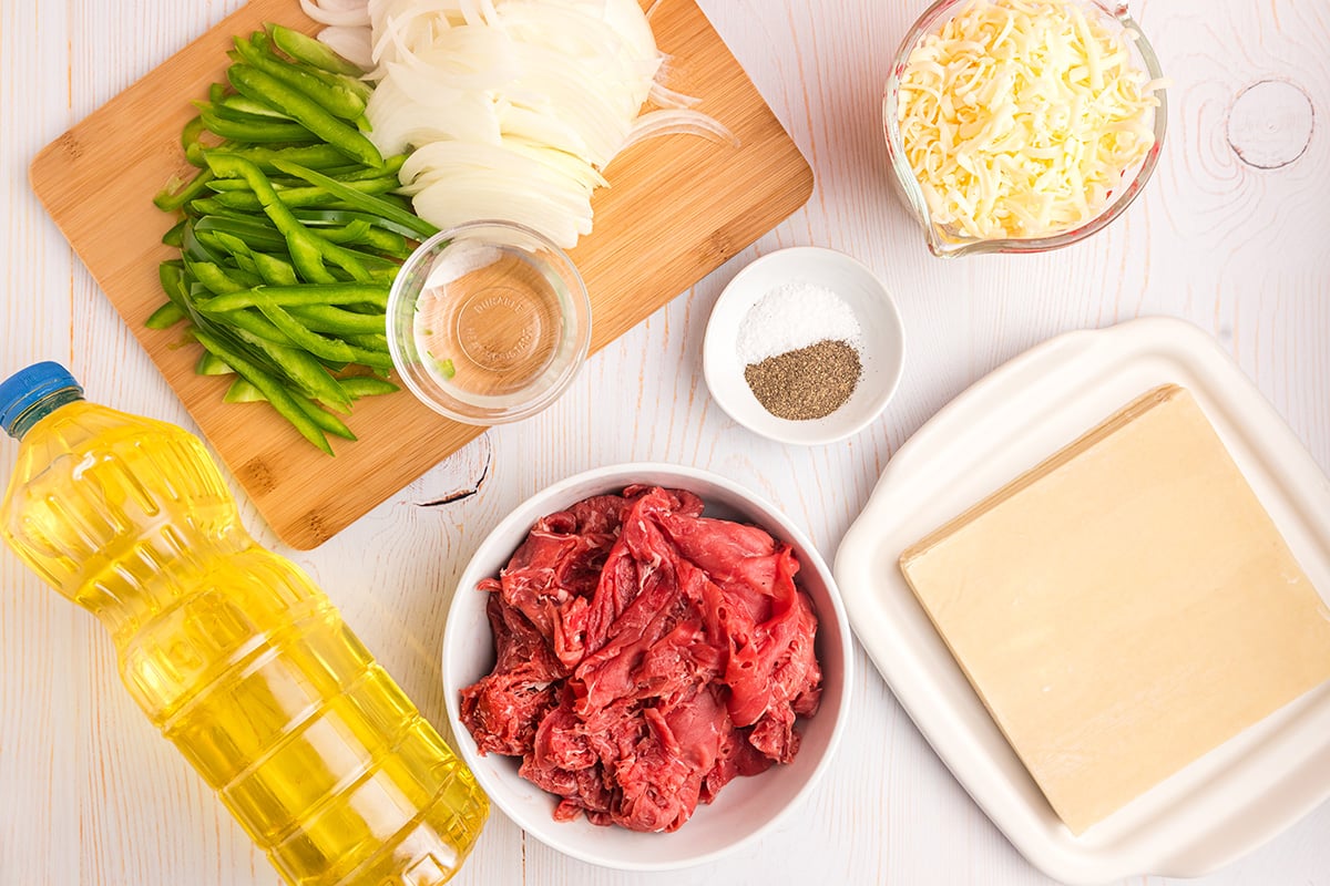 overhead shot of philly cheesesteak egg roll ingredients