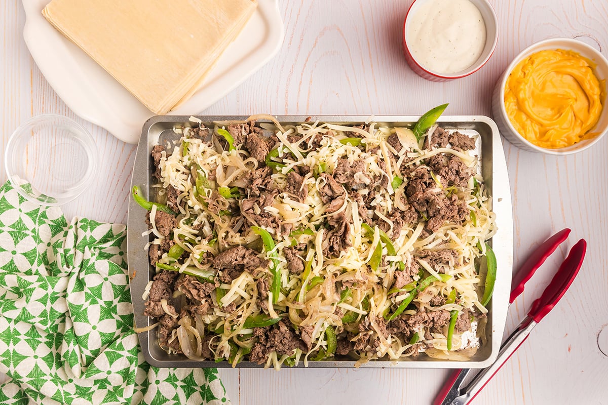 overhead shot of philly cheesesteak egg roll filling