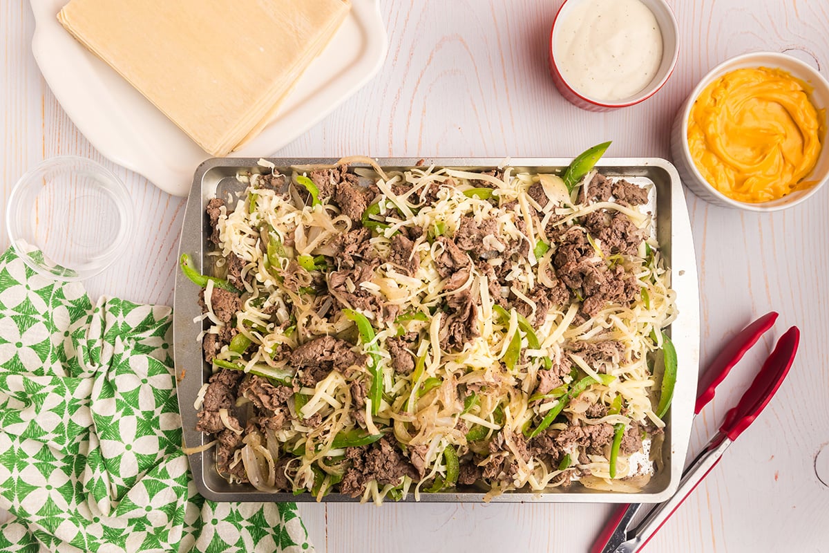 overhead shot of philly cheesesteak egg roll filling