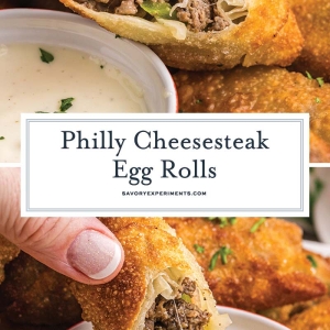 collage of philly cheesesteak egg rolls for pinterest