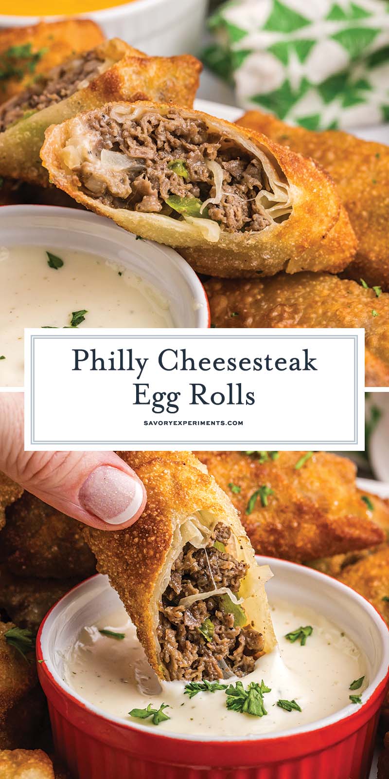 collage of philly cheesesteak egg rolls for pinterest