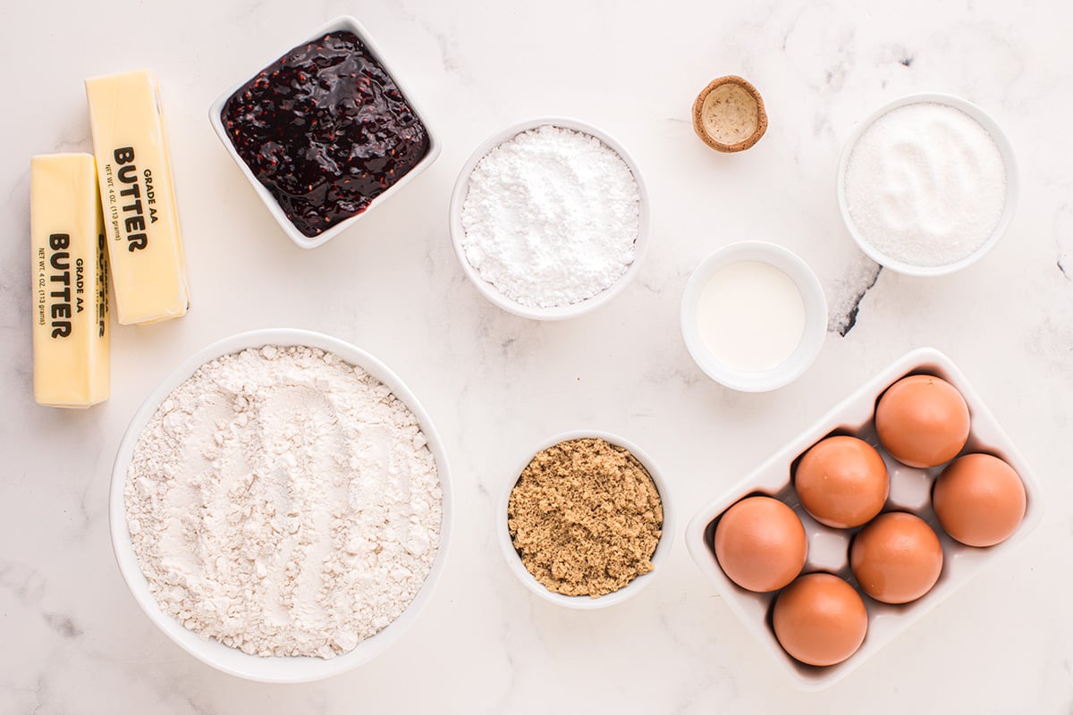 overhead shot of thumbprint jam cookies ingredients