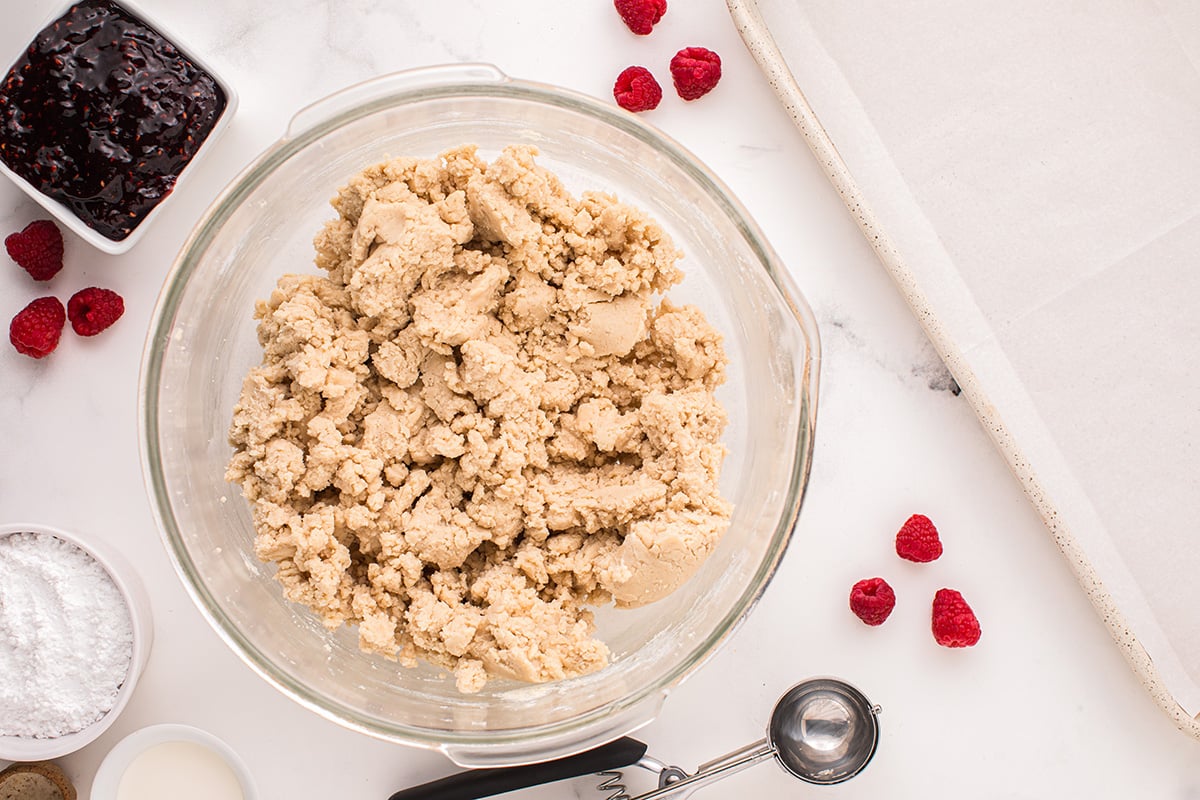 overhead shot of cookie dough in bowl