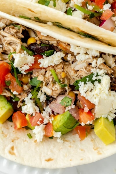 angled shot of slow cooker chicken tacos