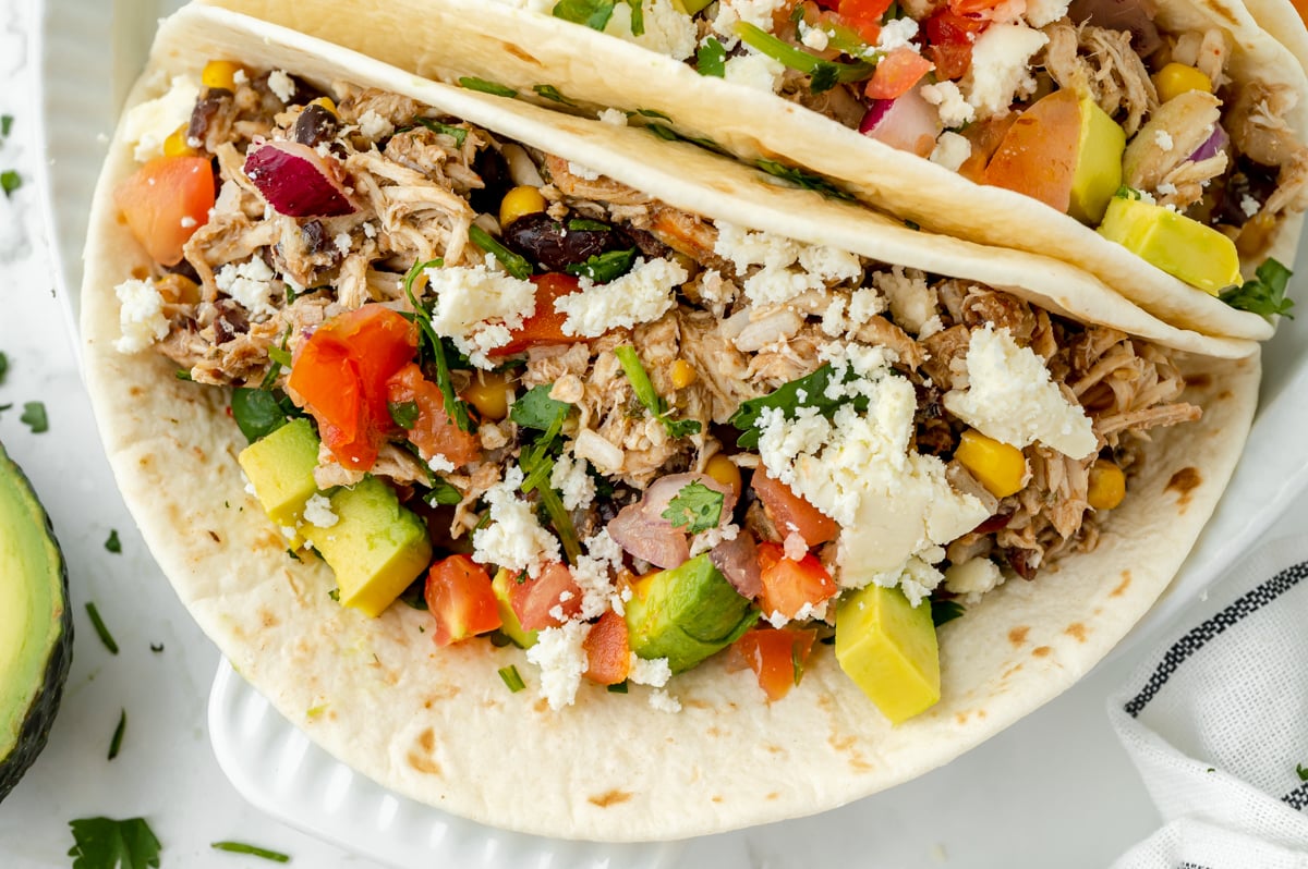 angled shot of slow cooker chicken tacos