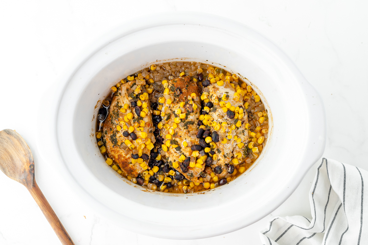 chicken cooked in crock pot with corn and black beans