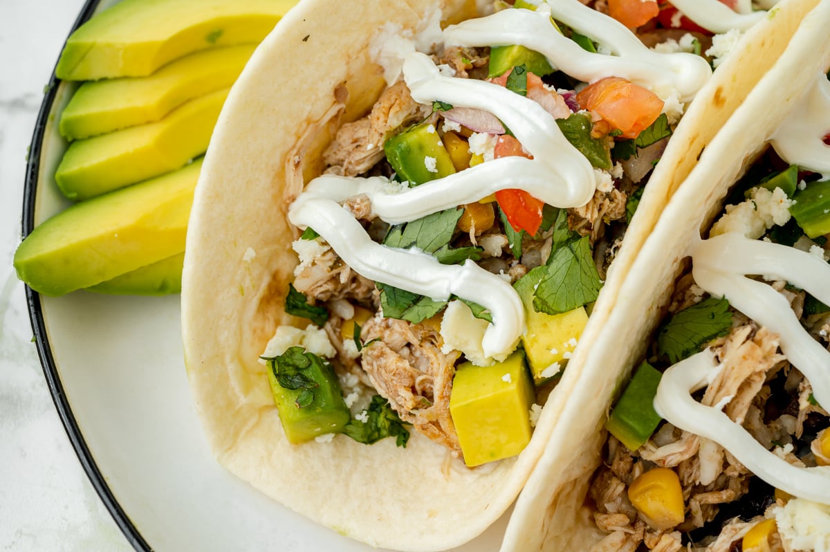 angled close upshot of chicken tacos