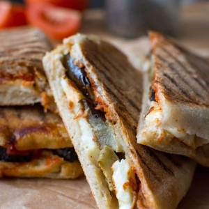 angled shot of haloumi panini cut in half